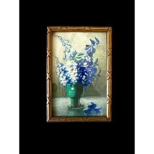 Antique French mini floral watercolor in original frame, signed 1928 Angers Art